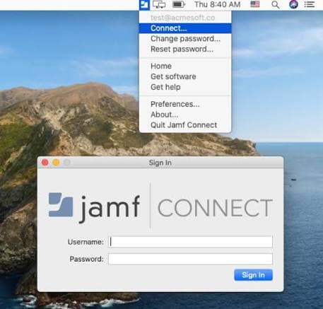 Cửa sổ Sign In của Jamf Connect trên macOS cùng menu Connect trên thanh trạng thái